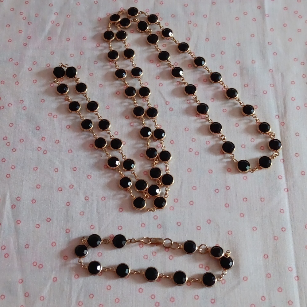 Bezel Set Gold Open Back Black Faceted Crystal Necklace and Bracelet Set